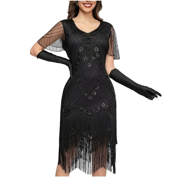 Women's Soft Glam Vintage Sequin Dress - Round Neck Short Sleeves, Muted Sparkle Sequins & Studded Tassels, Flowy Chiffon Overlay, Evening Galas & Banquet Guest Outfits