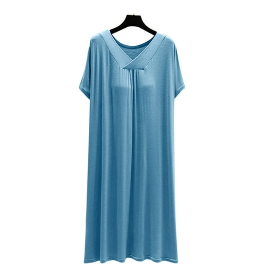 Women's Soft House Dress Nightgown, Short Sleeve V Neck Sleepwear Pleated Pajamas Nightshirt with Chest Ladies Pajama Dress Cotton Blue XL