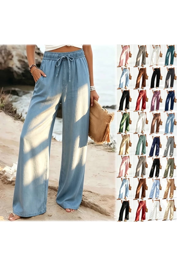 Women's Soft Imitation Denim Wide Leg Pants, Loose Fit Casual Trousers, Mid Waisted with 34 Inch Inseam, Stretchy Rayon Blend for Tummy Control, Flattering Flowy Silhouette