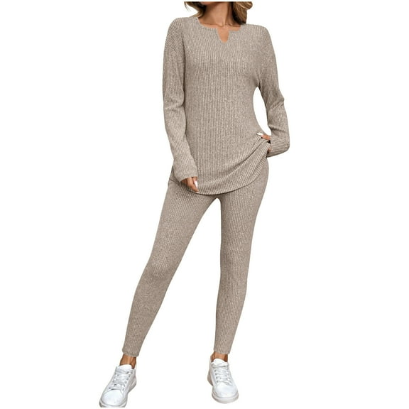 Women's Soft Knit 2 Piece Set Casual Long-Sleeved Keyhole Tunic Top Casual Slim Fit Strech Pants