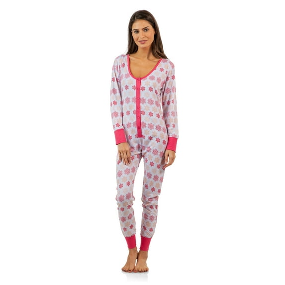 bhpj by bedhead pajamas women's knit button front one piece pajama jumpsuit, pink snowflakes, x-small