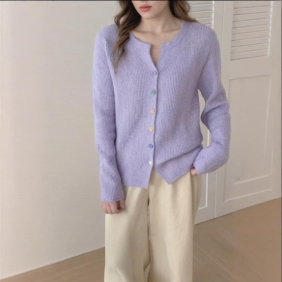 Women's Soft Knit Cardigan Long Sleeve Crewneck Button up Lightweight Sweater Outerwear Fall Fashion Clothes New Plus Size Cardigan Sweater Purple One Size