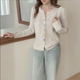 thumbnail image 1 of Women's Soft Knit Cardigan Long Sleeve Crewneck Button up Lightweight Sweater Outerwear Fall Fashion Clothes New Womens Lightweight Cardigan Beige One Size, 1 of 3