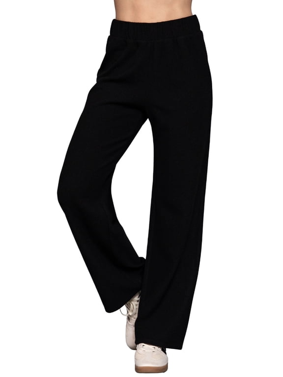 Women's Soft Knit Long Pants with Elastic Waist Brushed Heavy Rib Fabric