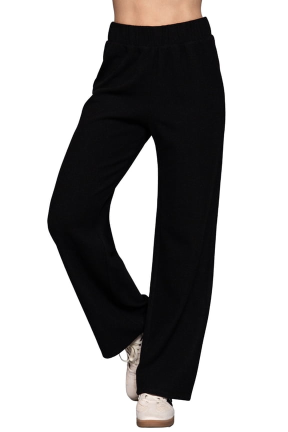 Women's Soft Knit Long Pants with Elastic Waist Brushed Heavy Rib Fabric