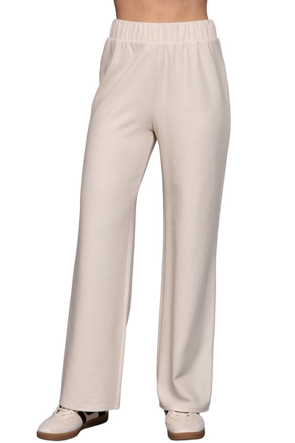 Women's Soft Knit Long Pants with Elastic Waist Brushed Heavy Rib Fabric