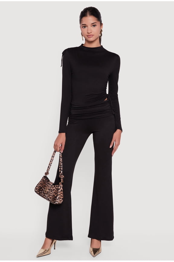 Women's Soft Knit Ruched Fold Over Flare Pants