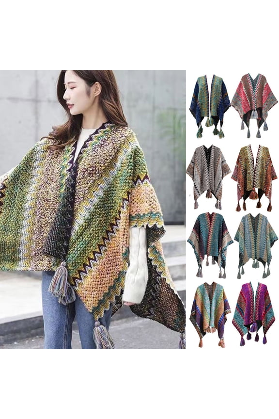 Women's Soft Knit Shawl Tassel Fringed Wrap Color Block Cardigan Sweater