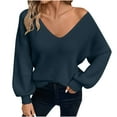 thumbnail image 1 of Women's Soft Knit Sweater Top Casual Long Sleeve V-Neck Shirt Fashionable Back Bow Tie Fall Pullover Sweater, 1 of 7