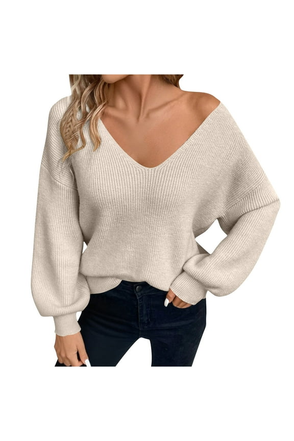 Women's Soft Knit Sweater Top Casual Long Sleeve V-Neck Shirt Fashionable Back Bow Tie Fall Pullover Sweater