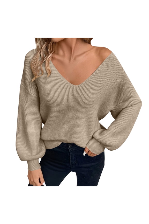 Women's Soft Knit Sweater Top Casual Long Sleeve V-Neck Shirt Fashionable Back Bow Tie Fall Pullover Sweater