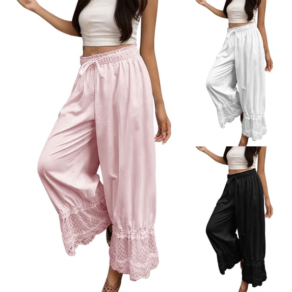 Women's Soft Knit Wide Leg Palazzo Pants with Elastic Mid Waist & Tummy Control, Flowy Lightweight Comfort, Travel Beach Vacation Outfits, Casual Dressy Loungewear, Long | TruHer,Black L
