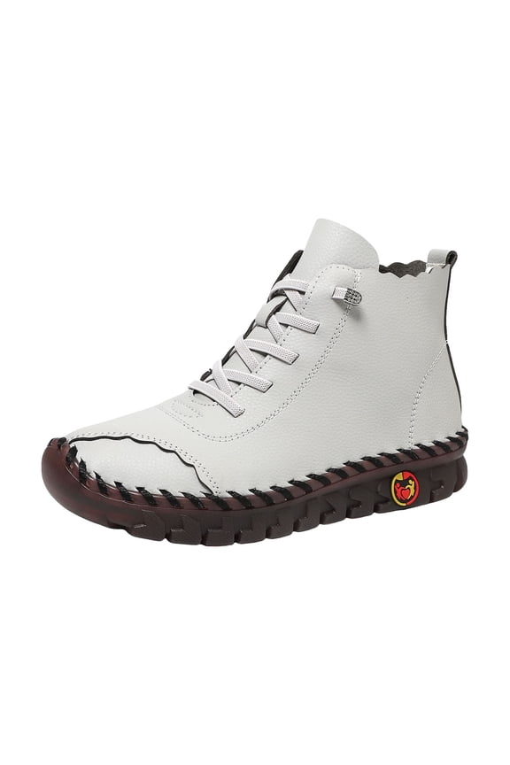 Women's Soft Leather Breathable Flat Ankle Boots Stitched Lace Up Casual Short Booties Comfortable Walking Boots