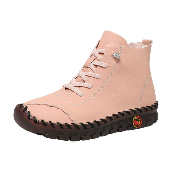 Women's Soft Leather Breathable Flat Ankle Boots Stitched Lace Up Casual Short Booties Comfortable Walking Boots
