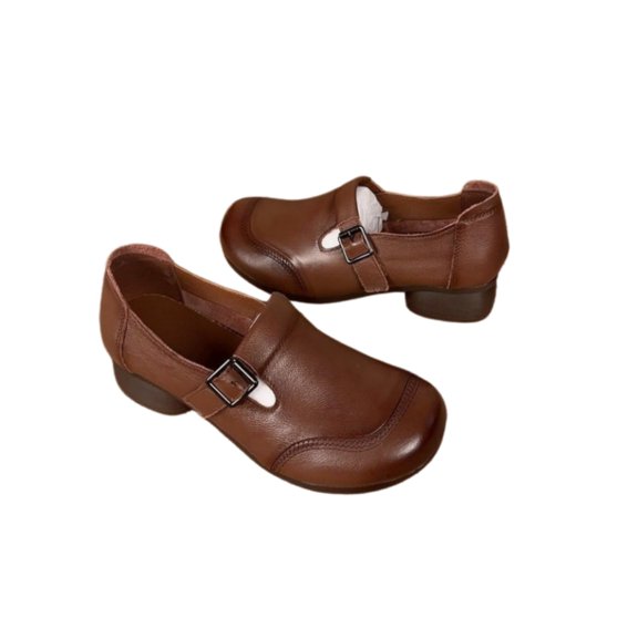 Women's Soft Leather Chunky Heel Shoes Comfortable Low Heel Slip On Casual Pumps