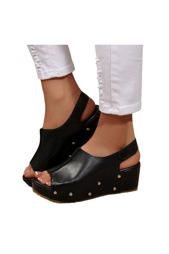 Women's Soft Leather Platform Wedge Sandal Fashion Studded Open Toe Beach Sandal Ankle Strap Non Slip Dressy Shoes Black Size 8