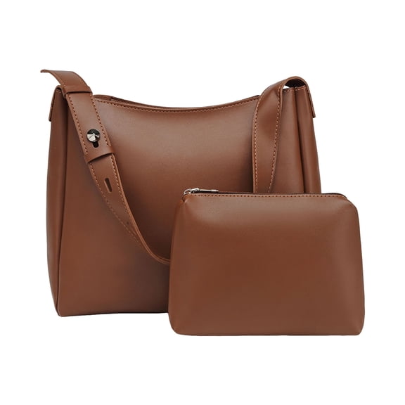 Women's Soft Leather Tote Bag Two Piece Set Fashionable Solid Color Bucket Large Capacity Casual Shoulder Messenger Bags Brown
