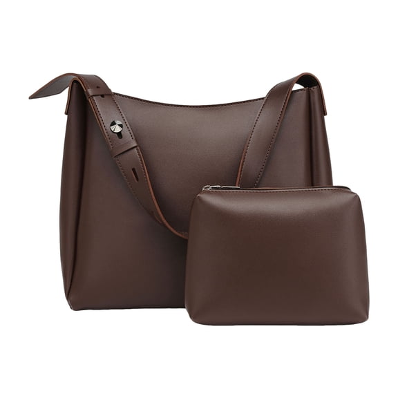 Women's Soft Leather Tote Bag Two Piece Set Fashionable Solid Color Bucket Large Capacity Casual Shoulder Messenger Bags Coffee