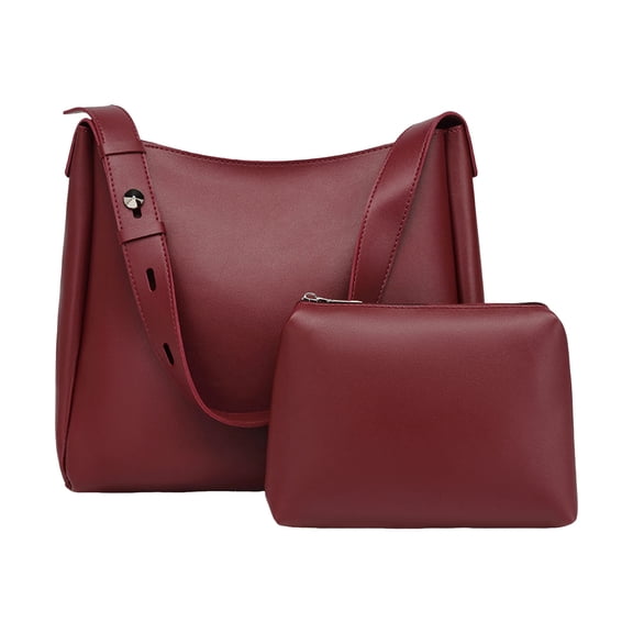 Women's Soft Leather Tote Bag Two Piece Set Fashionable Solid Color Bucket Large Capacity Casual Shoulder Messenger Bags Wine