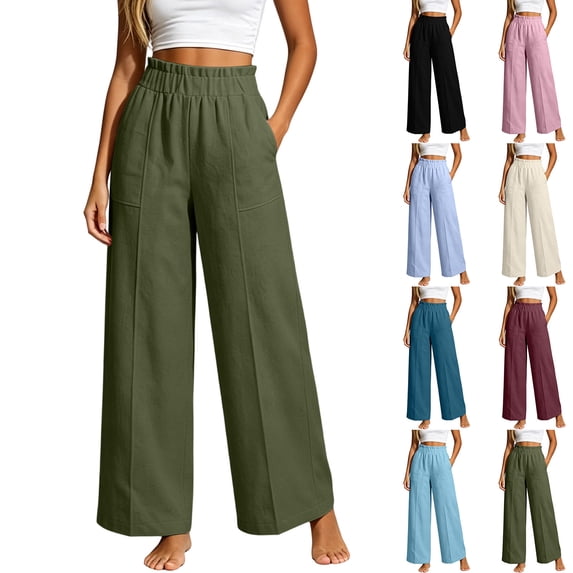 Women's Soft Linen Blend Fabric Loose Wide Leg Pants, Elastic Waistband With Functional Pockets, Tummy Control Comfort Stretch, For Casual Daily Wear Office Work Long | TruHer,White XL