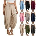 thumbnail image 1 of Women's Soft Linen Blend Straight Leg Long Pants, Elastic Waist with Functional Pockets, Tummy Control Mid-Rise, Lightweight Casual Palazzo, for Work, Beach, Daily | TruBelle,Gray 2XL, 1 of 6
