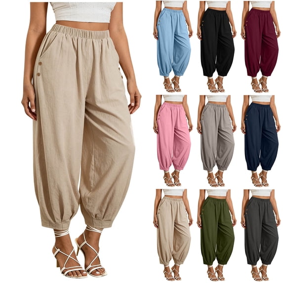 Women's Soft Linen Blend Straight Leg Long Pants, Elastic Waist with Functional Pockets, Tummy Control Mid-Rise, Lightweight Casual Palazzo, for Work, Beach, Daily | TruBelle,Gray 2XL