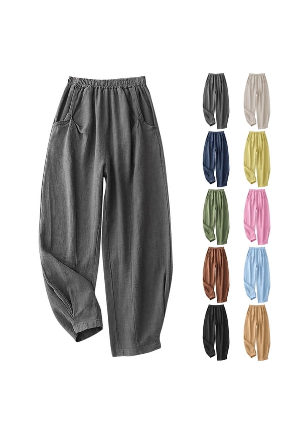 Women's Soft Linen Cotton Blend Relaxed Fit Trousers, Mid Elastic Waistband Pull On Pants with Side Pockets, Breathable Solid Color Casual Wear for Summer, Everyday Comfort, Work
