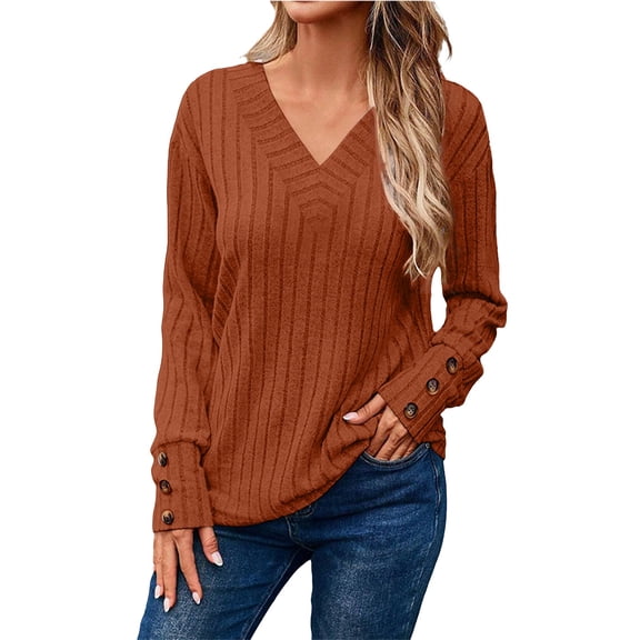 Women's Soft Long Sleeve V Neck Solid Color Knitted Pullover Top with Decorative Buttons, Comfortable Casual Fit for Spring Autumn Winter Seasons, Daily Wear,Lounge and Street Fashion Outfits Khaki