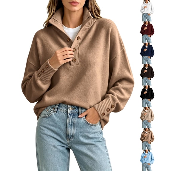 Women's Soft Mock Neck Button Up Sweater Solid Color Loose Fit Long Sleeve Knit Pullover Tops for Outdoor & Casual