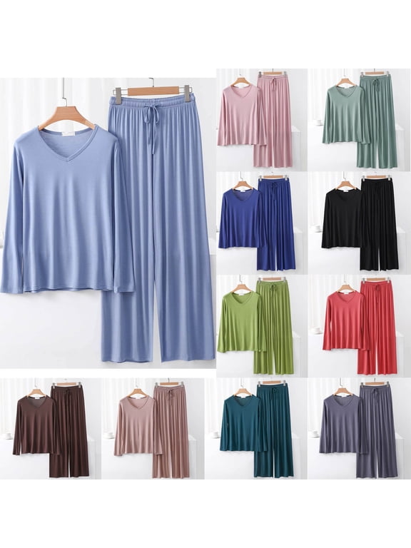 Women's Soft Modal Cotton Sleepwear Set, Round Neck Long Sleeve Top and Elastic Waist Wide Leg Pants | TruBelle,Khaki XL