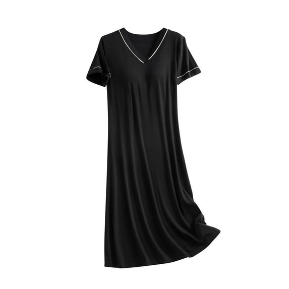 Women's Soft Modal Nightgown V Neck Sleep Dress Summer Short Sleeve Comfy Midi Sleepwear with Built in Bra