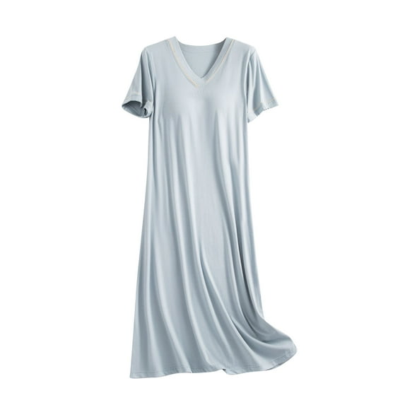 Women's Soft Modal Nightgown V Neck Sleep Dress Summer Short Sleeve Comfy Midi Sleepwear with Built in Bra