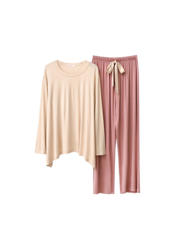 Women's Soft Modal Pajama Sets Long Sleeve Sleepwear Drawstring Elastic Waist Pjs Bottom Loose Crewneck Lounge Sets