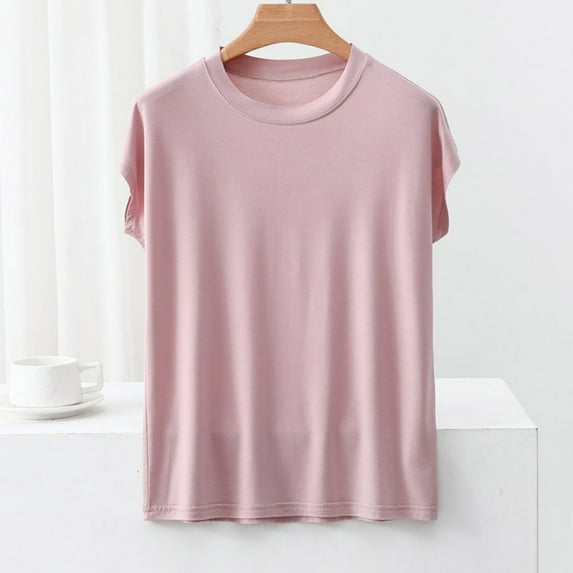 Women's Soft Modal Pajamas Top Cotton T-Shirts Fashion Solid Color Shirts Summer Short Sleeve Blouses Round Neck Loose Pullover Top(Pink XXL)