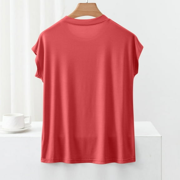 Women's Soft Modal Pajamas Top Cotton T-Shirts Fashion Solid Color Shirts Summer Short Sleeve Blouses Round Neck Loose Pullover Top(Red L)