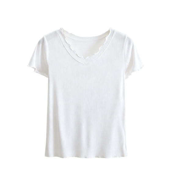Women's Soft Modal Short Sleeve Tops Solid Color Basic Shirts Lettuce Trim V Neck Slim Fit Tees Stretch Casual Summer Pajama Tops White