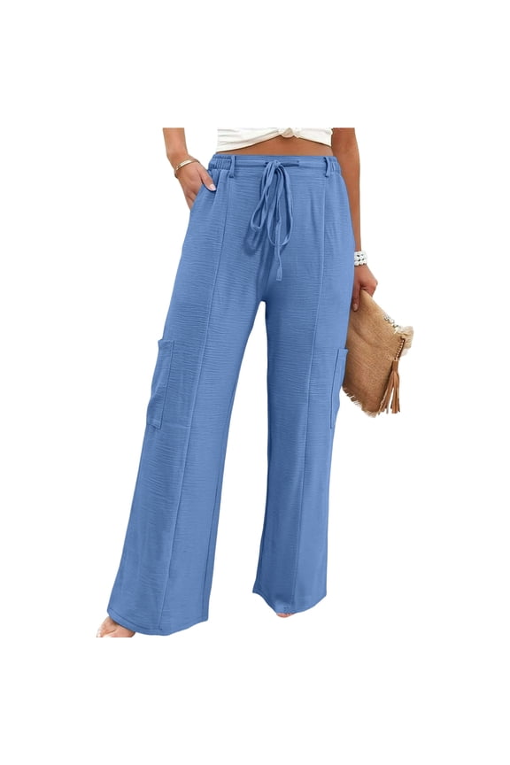 Women's Soft Nylon & Spandex Drawstring Sweatpants, Relaxed Straight Leg Long Trousers with Functional Pockets, Casual Everyday, Travel, Lounge, Activewear Bottoms | TPOLIU,Blue L