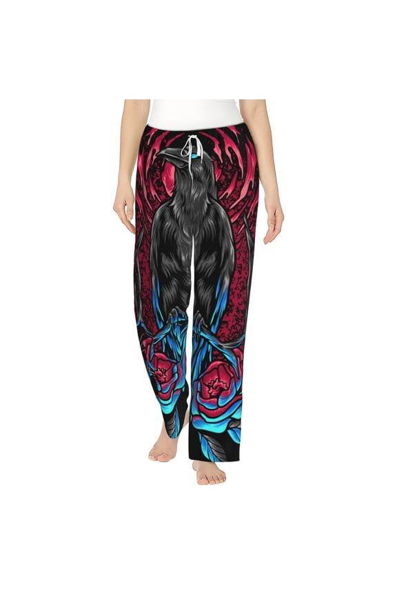Women's Soft Pajama Pants Comfy Long Sleep Lounge Pockets, Crow And Flowers Raven Gothic