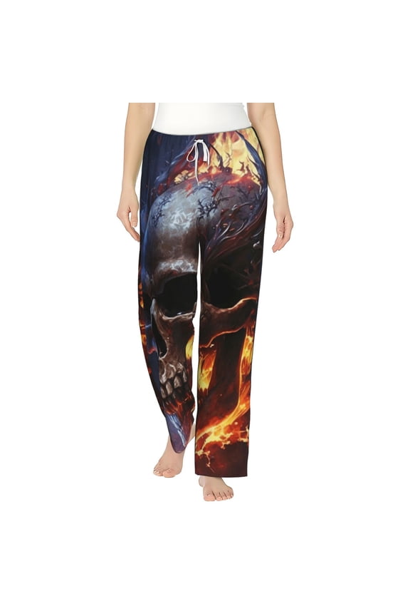 Women's Soft Pajama Pants Comfy Long Sleep Lounge Pockets, Gothic Skull On Fire Death Cool