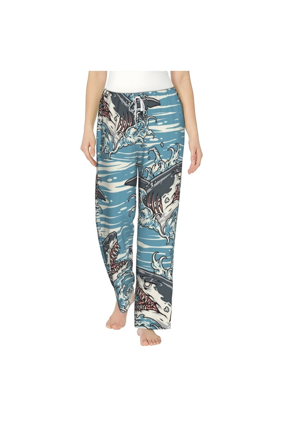 Women's Soft Pajama Pants Comfy Long Sleep Lounge Pockets, Sea Sharks Waves Vintage Shark