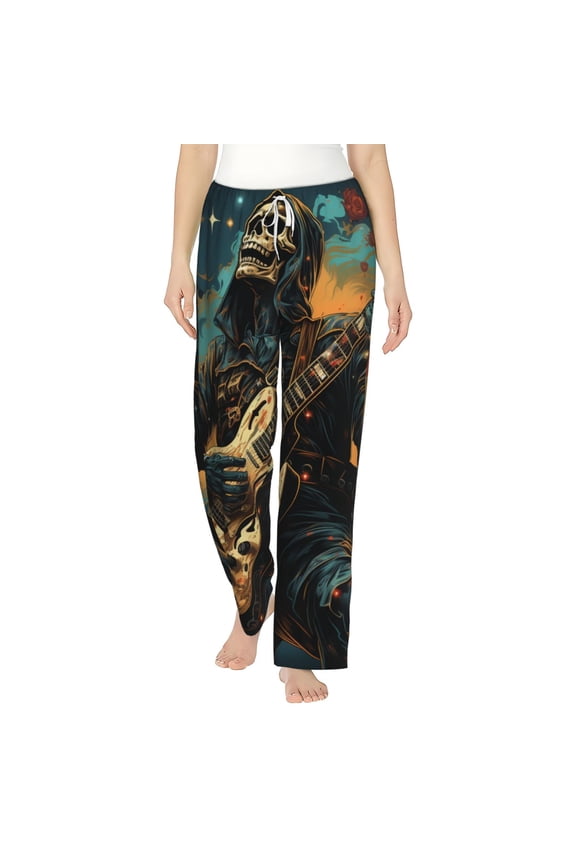Women's Soft Pajama Pants Comfy Long Sleep Lounge Pockets, Skull Playing Guitar Heavy Metal Rock Skeleton