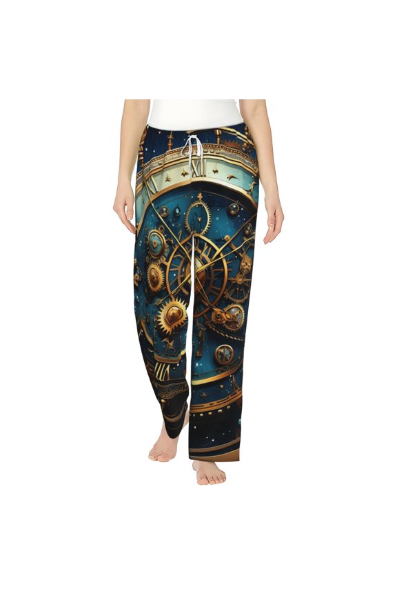 Women's Soft Pajama Pants Comfy Long Sleep Lounge Pockets, Steampunk Clockwork Wheels Starry