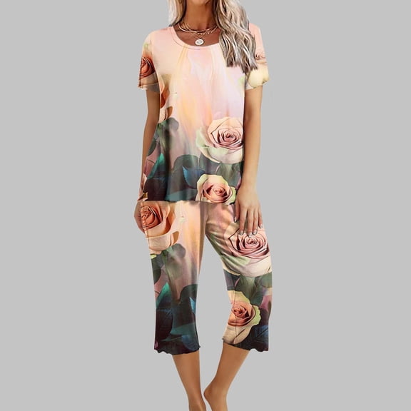 Women's Soft Pajama Set Short Sleeve Top Long Pants Sleepwear Comfortable Printed Lounge Set