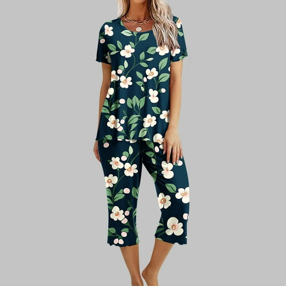 Women's Soft Pajama Set Short Sleeve Top Long Pants Sleepwear Comfortable Printed Lounge Set
