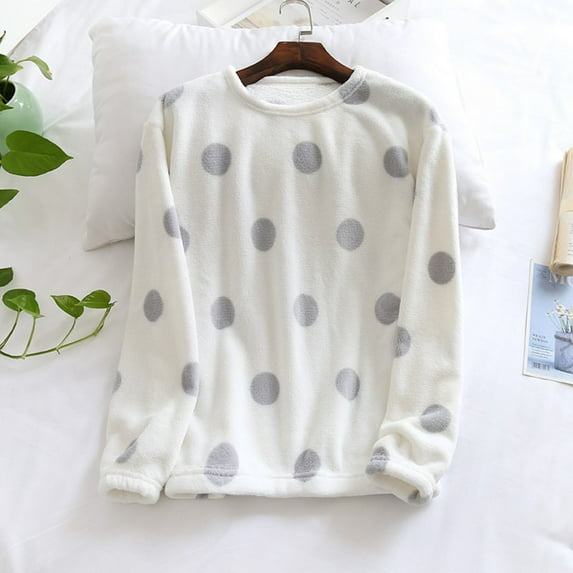 Women's Soft Pajama Tops Warm Winter Thickened Flannel Sleepwear Fuzzy Fleece Pullover Loungewear Shirts New Women Comfy Sleepwear White L