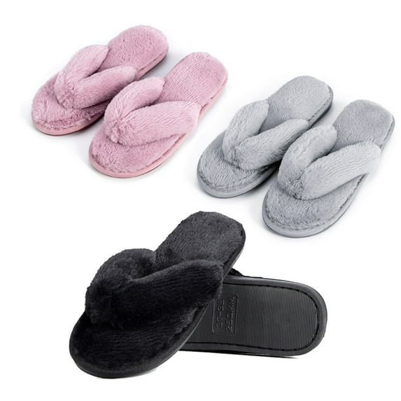 Women's Soft Plush Flip Flops Slippers Comfortable Non Slip Fuzzy House Slippers Indoor Outdoor Slippers, Gray