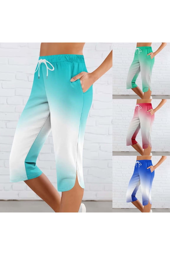 Women's Soft Polyester Blend Elastic Waist Capris, Side Pockets for Practicality, Tummy Control Flattering Fit, Mid Waist Pull On Lounge Crop Pants, Yoga Workout Summer | TruBelle,Blue L