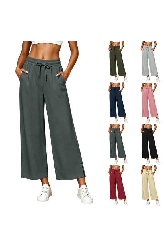 Women's Soft Polyester Blend Fabric Cropped Pants, Relaxed Fit with Drawstring Elastic Waist & Side Slit, Lightweight Casual Everyday Wear for Travel, Beach, or Street | TruHer,Beige 2XL
