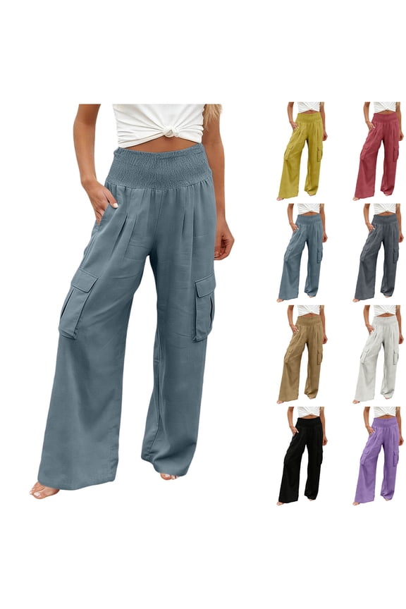 Women's Soft Polyester Blend Stretch Pants with Elastic Waist, Full Length Casual Fit with Functional Pockets, Tummy Control Body Shaping Design, Everyday Comfort, Work, Travel,