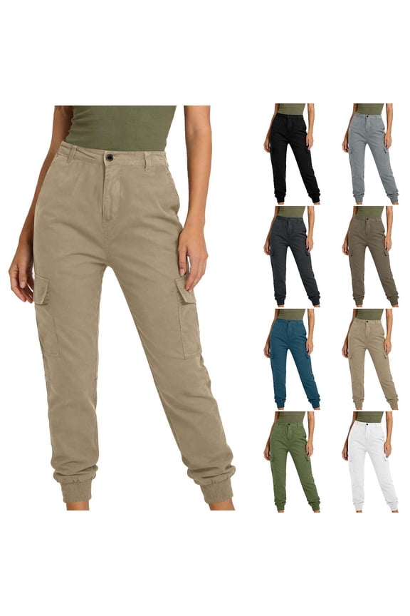 Women's Soft Polyester Blend Stretch Pants with Elastic Waist, Full Length Casual Fit with Functional Pockets, Tummy Control Body Shaping Design, Everyday Comfort, Work, Travel,